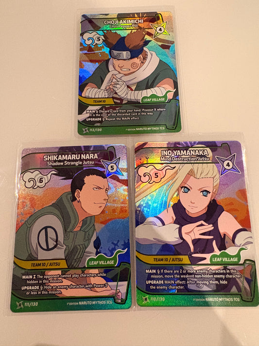 Lot Trio Ino-Shika-Chō / Team 10 (Rare Holo) – Shikamaru, Ino, Chōji - 1st Edition Naruto Mythos TCG