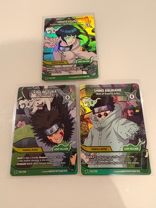 Lot Trio Team Kurenai / Team 8 (Rare Holo) – Hinata, Kiba & Akamaru, Shino - 1st Edition Naruto Mythos TCG